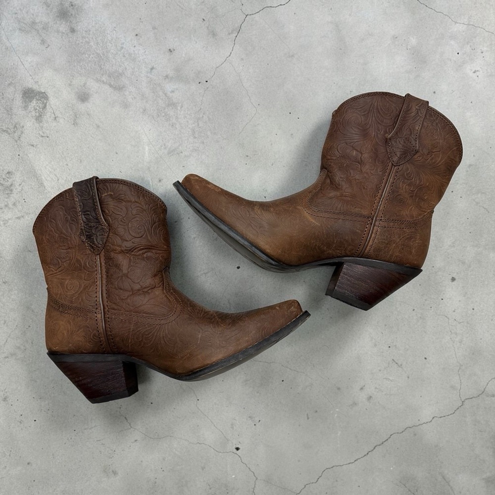 Durango Western Cowboy Ankle Boots Womens 6.5 Brown Embossed Leather